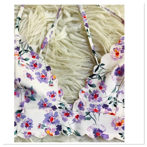 H&M Bikini Swimsuit Top Floral Scalloped Edge White Purple Multicolour Size 6 - Picture 2 of 7